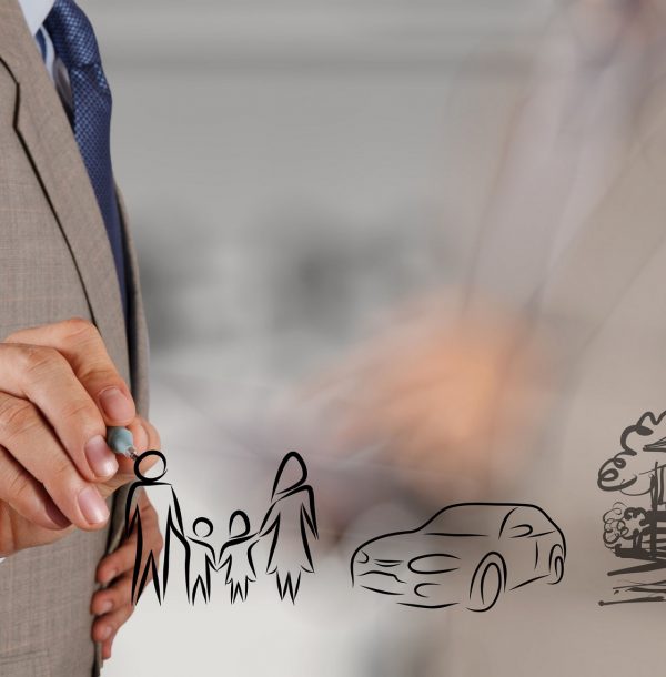 businessman hand show planning family future on screen background as concept